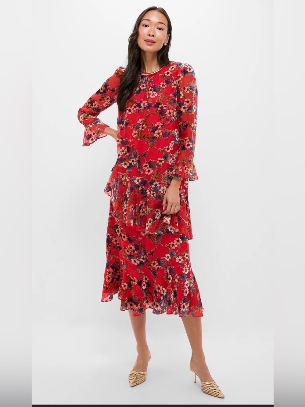 Tuckernuck Red Floral Ruffle Tiered Midi Dress